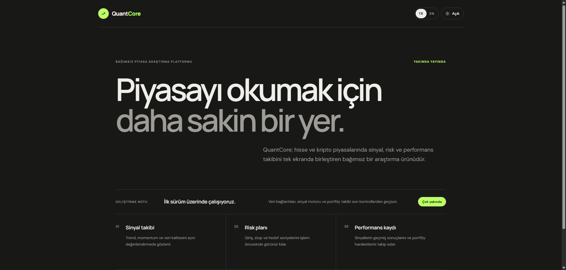 Quant Core yakında sayfası