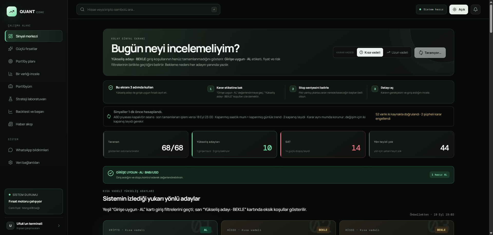 Quant Core sinyal merkezi koyu tema
